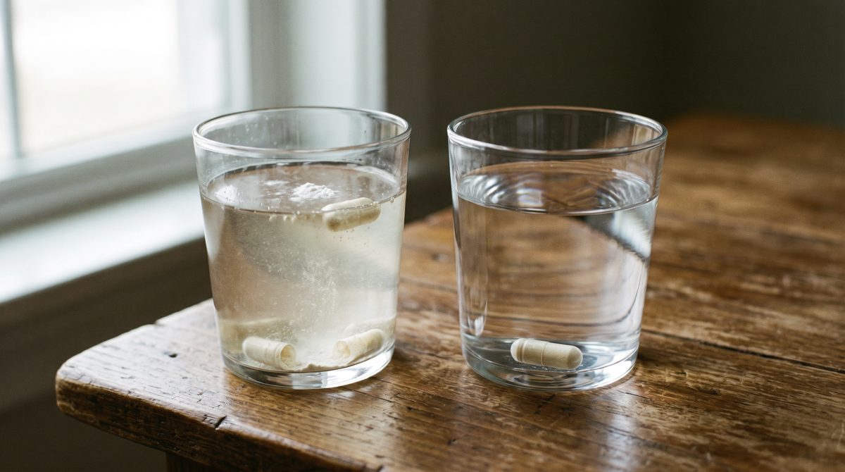 Two glasses of water with capsules on a wooden table