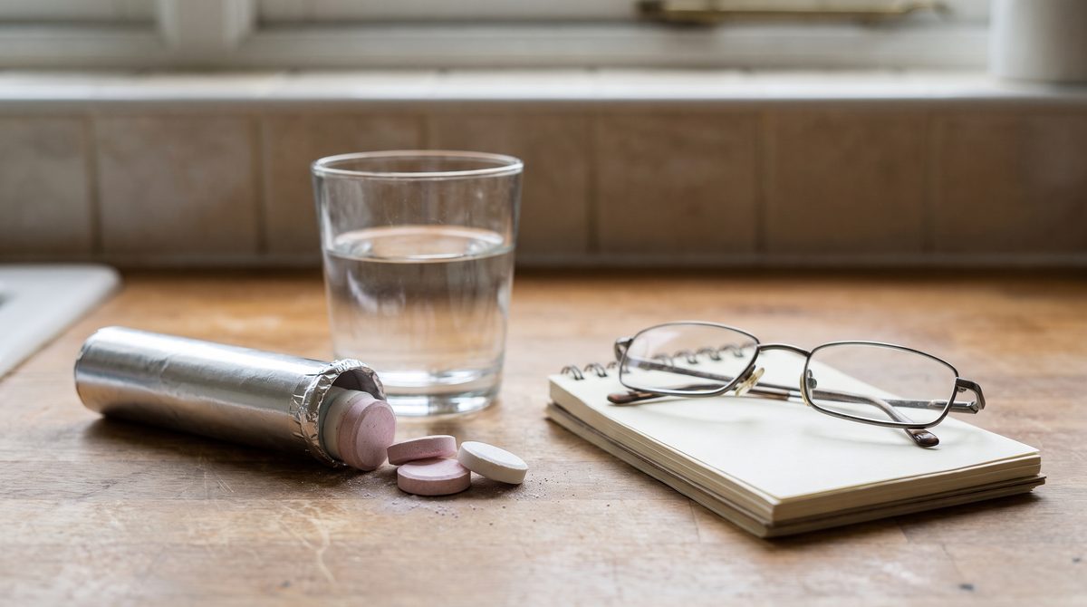 A roll of antacids, a glass of water and reading glasses on a kitchen table