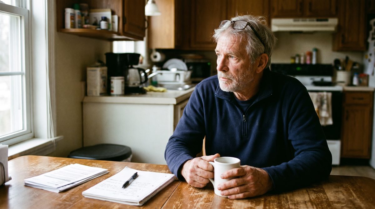 Richard at his kitchen table with a cup of coffee and his notes