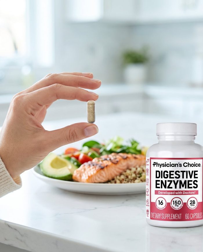 A Digestive Enzymes capsule held up over a balanced meal, with the bottle beside it