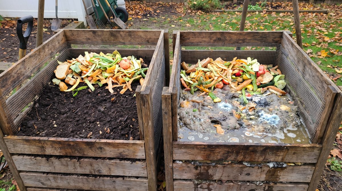 Two compost bins side by side: one breaking scraps down into dark soil, one sour and swollen