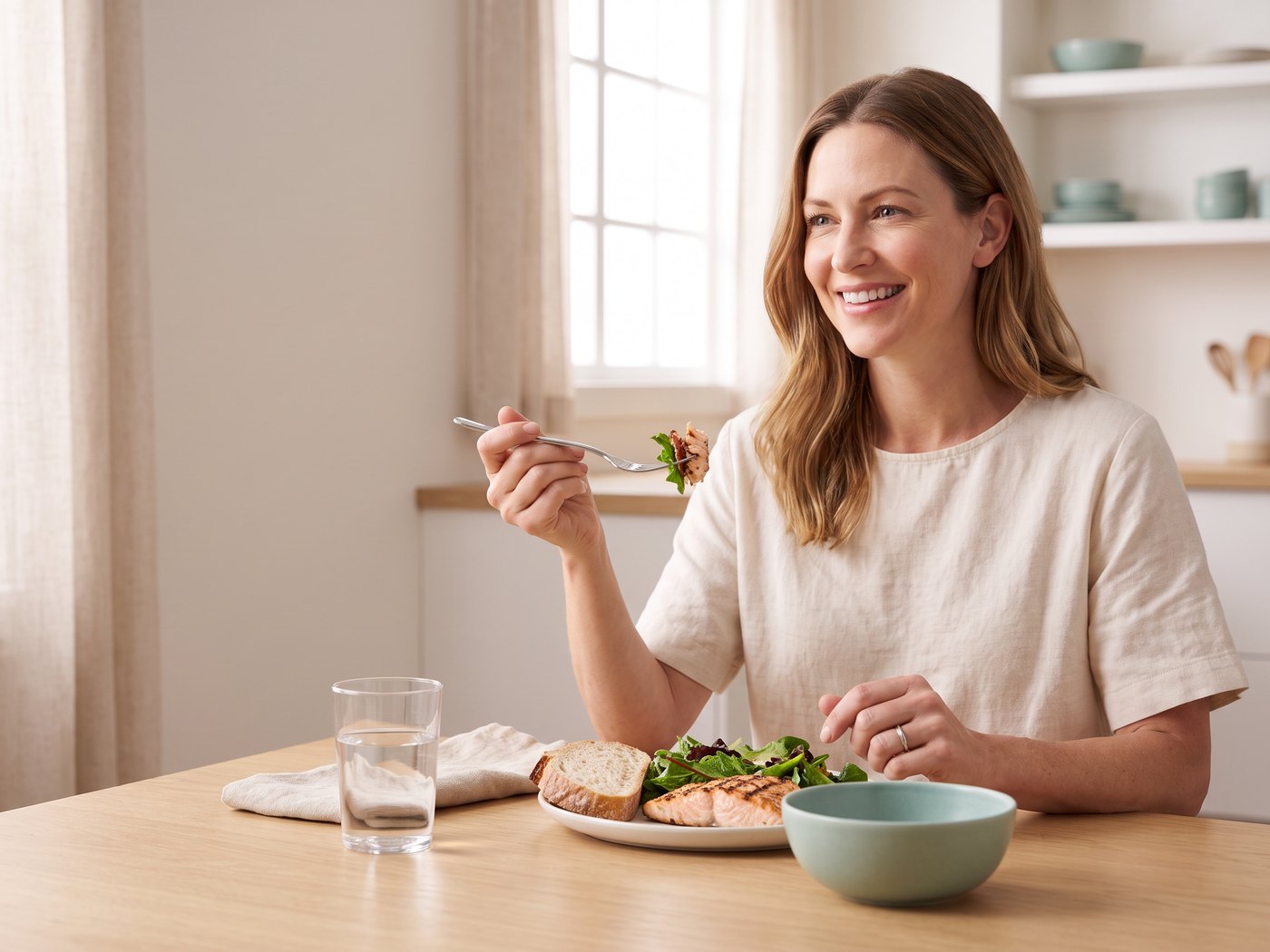 A woman enjoying an everyday meal at home without bracing for the bloat