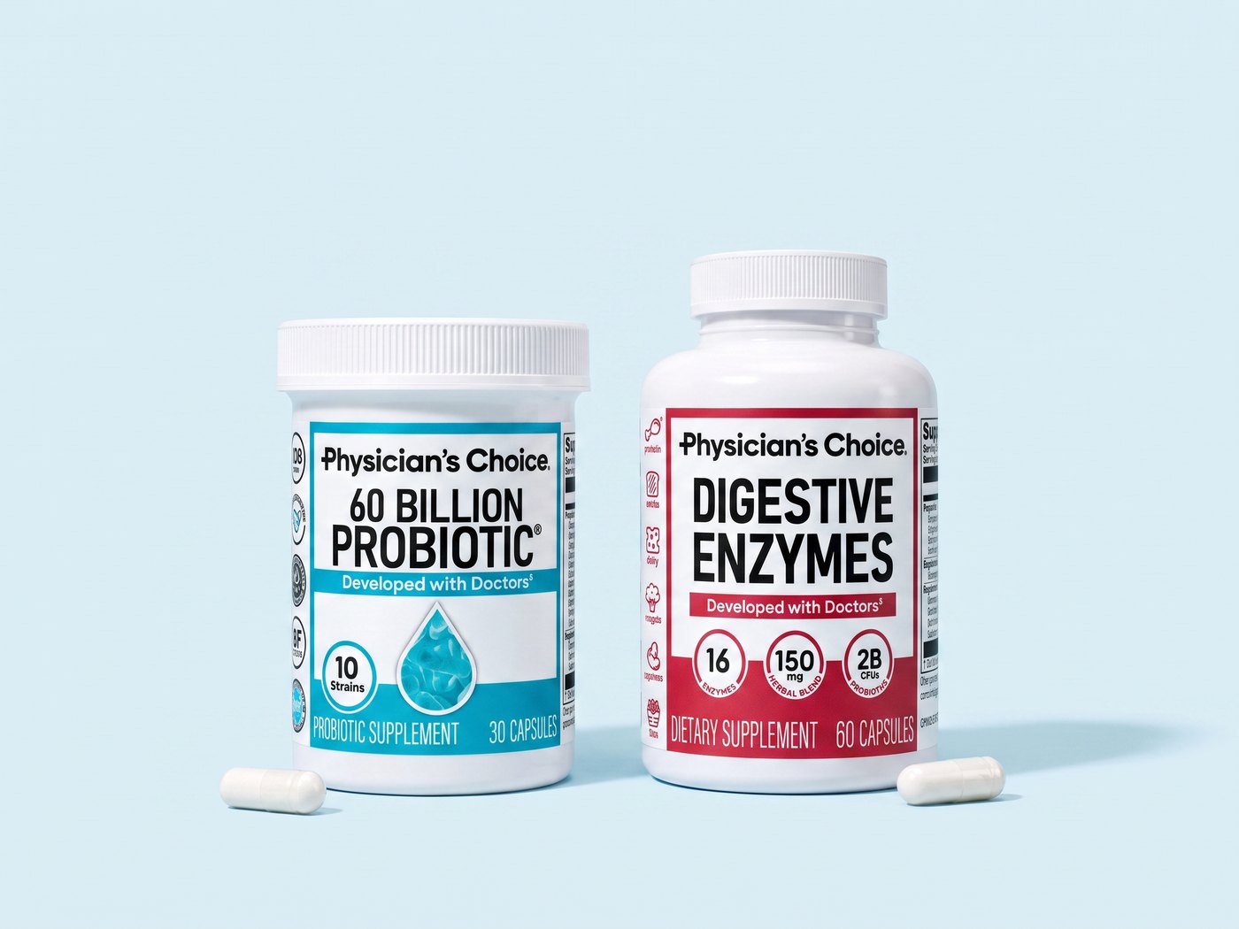The Physician's Choice 60 Billion Probiotic and Digestive Enzymes bottles with one capsule from each