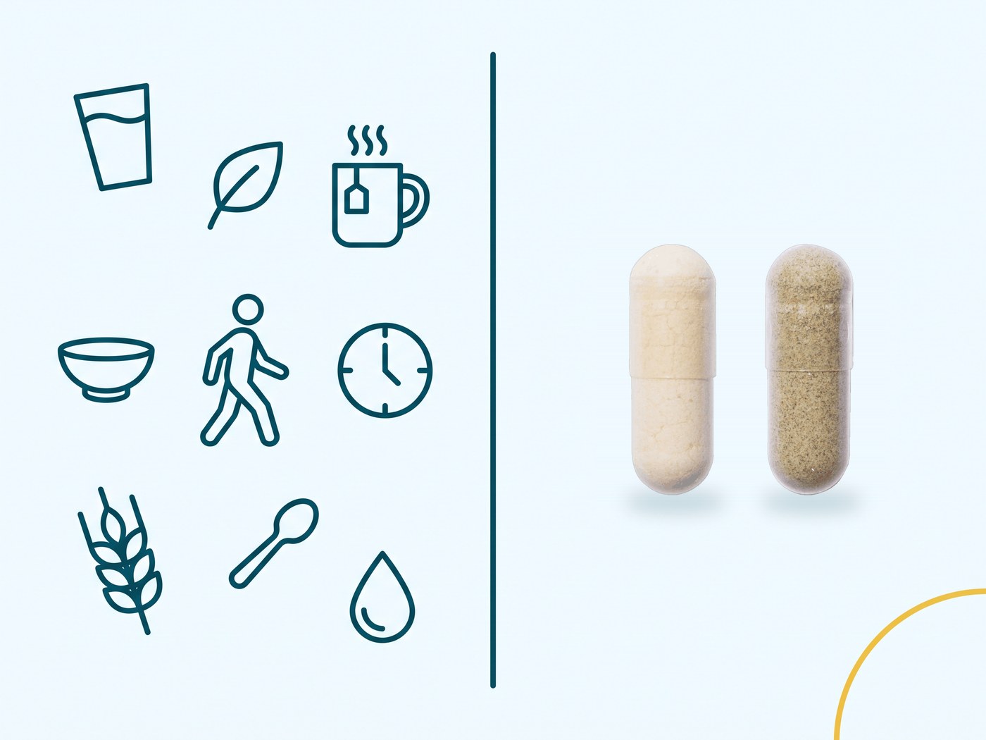 An illustration contrasting many scattered remedies with one simple two-capsule routine