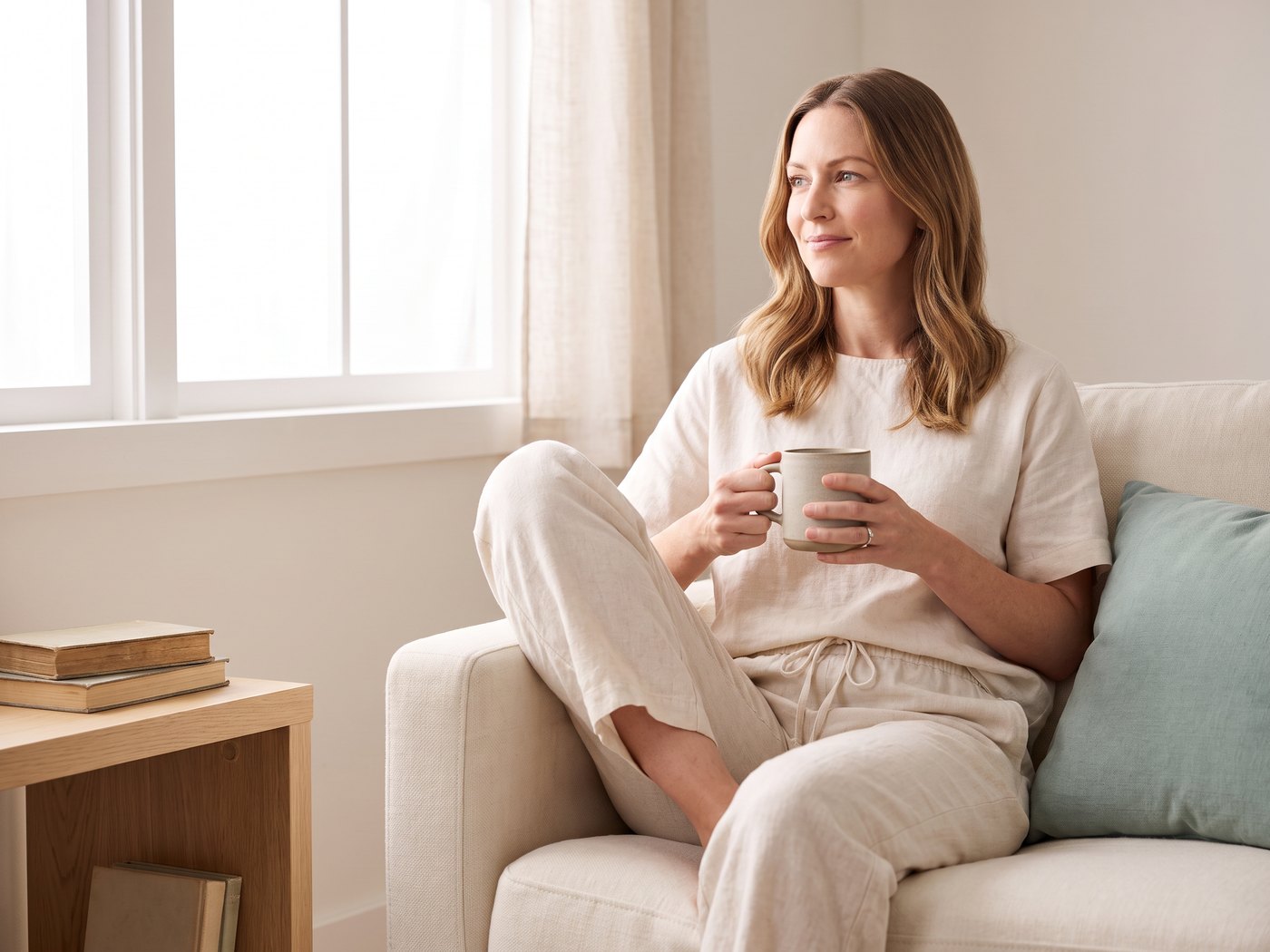 A woman relaxing at home with a mug, giving a new routine time to work
