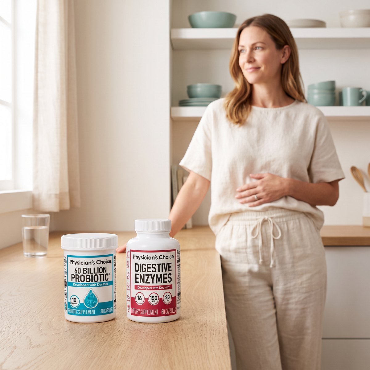 A woman at home with the Physician's Choice Hack Your Tummy Bundle on the counter