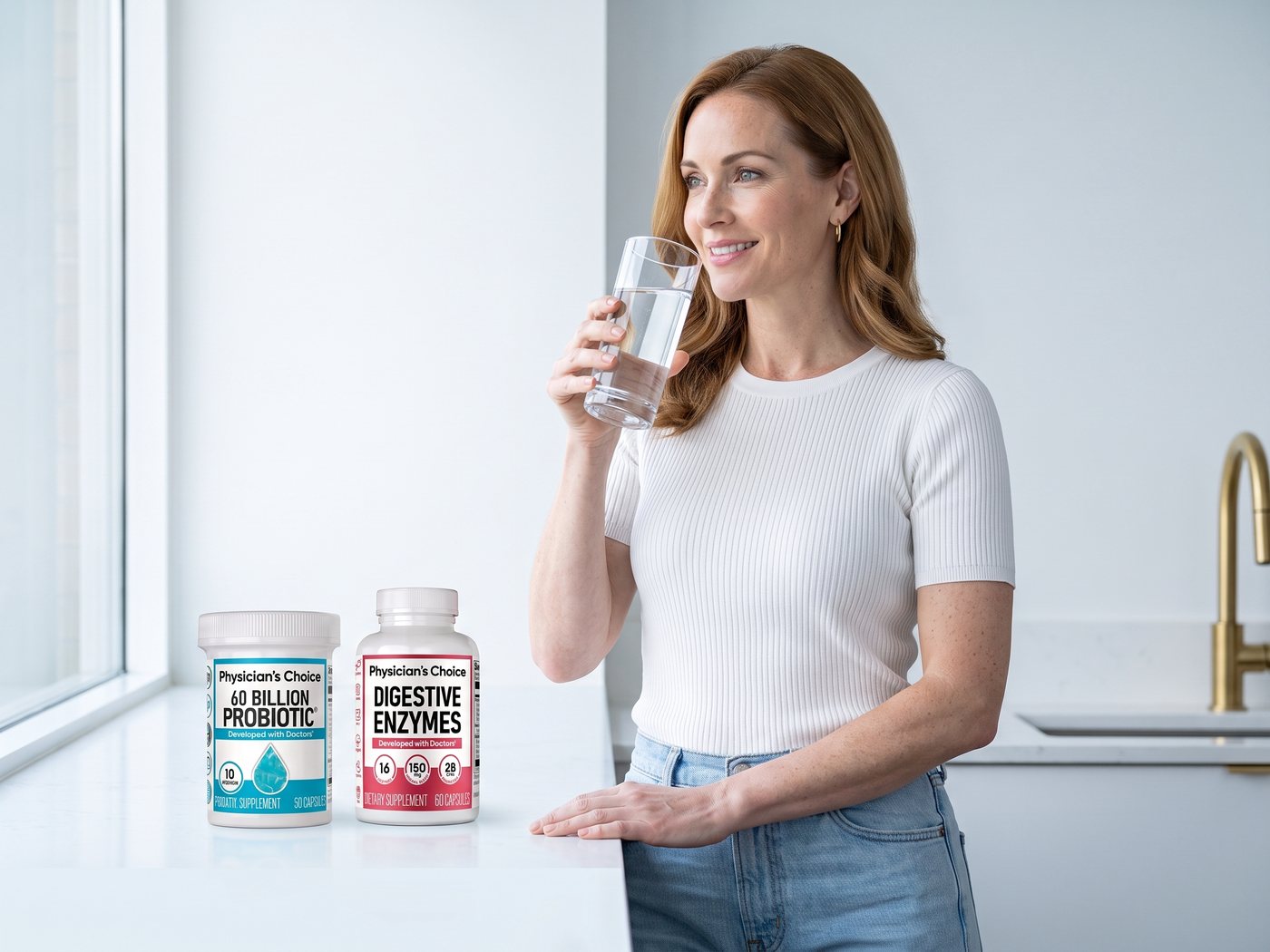 A woman taking her morning capsule with a glass of water at the kitchen counter