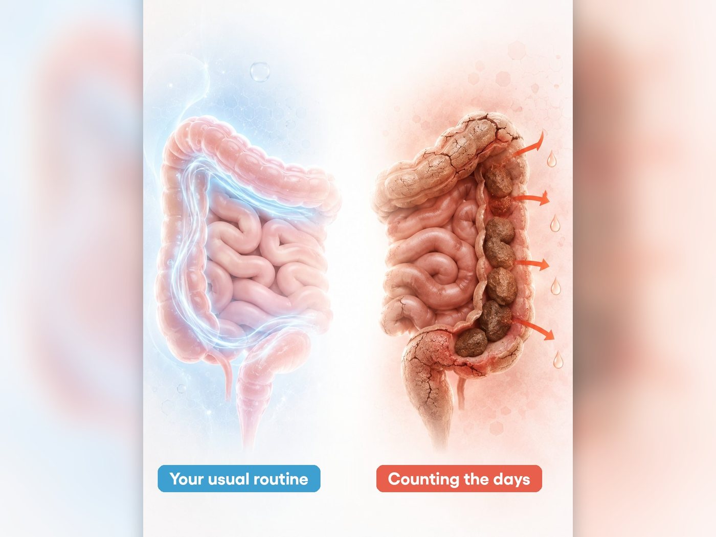 Illustration comparing a comfortable digestive routine with one where the days start adding up
