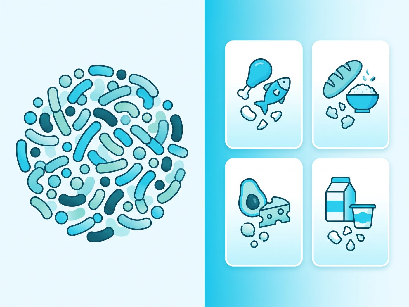 An illustration of a balanced gut microbiome supported by a 60 billion CFU probiotic