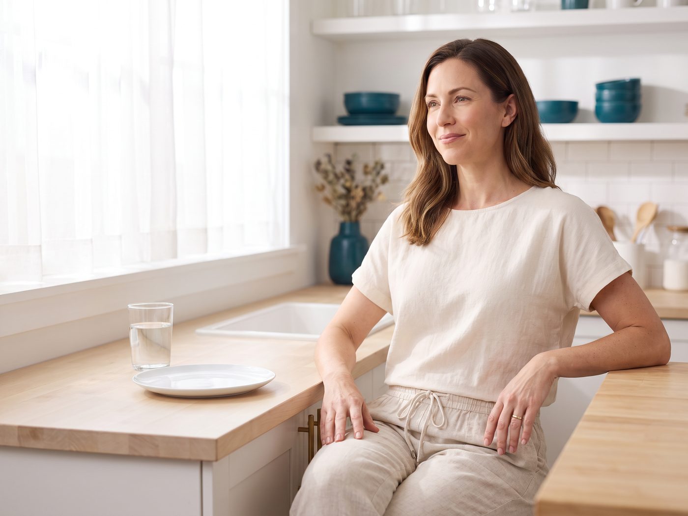 A woman feeling comfortable and unbloated after a meal