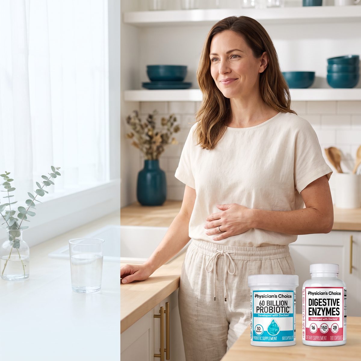 A woman on a GLP-1 at home with the Physician's Choice Hack Your Tummy Bundle