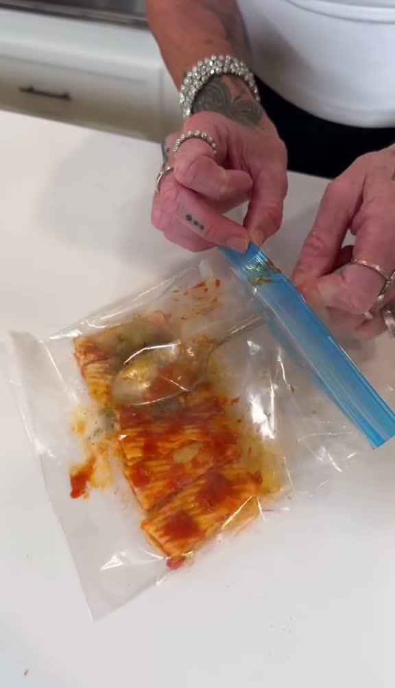 Before: pasta in a zip bag, enzymes sprinkled on half of it