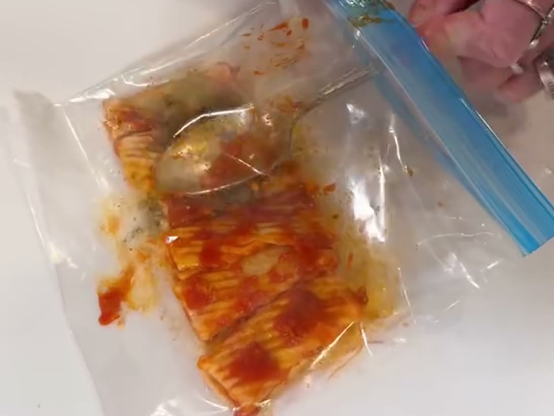 The pasta test setup: pasta in a zip bag with enzymes sprinkled on half of it