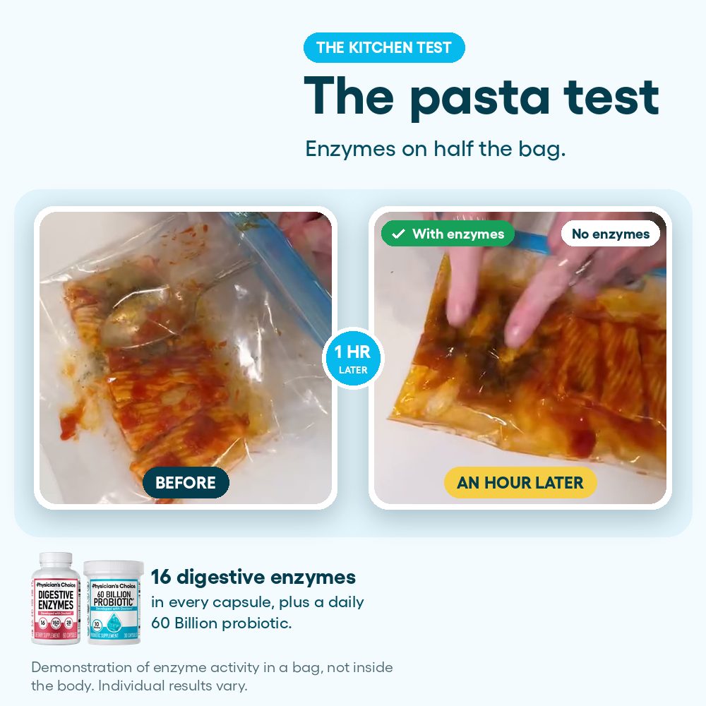 The pasta test: the bag half without enzymes next to the half with enzymes, an hour later
