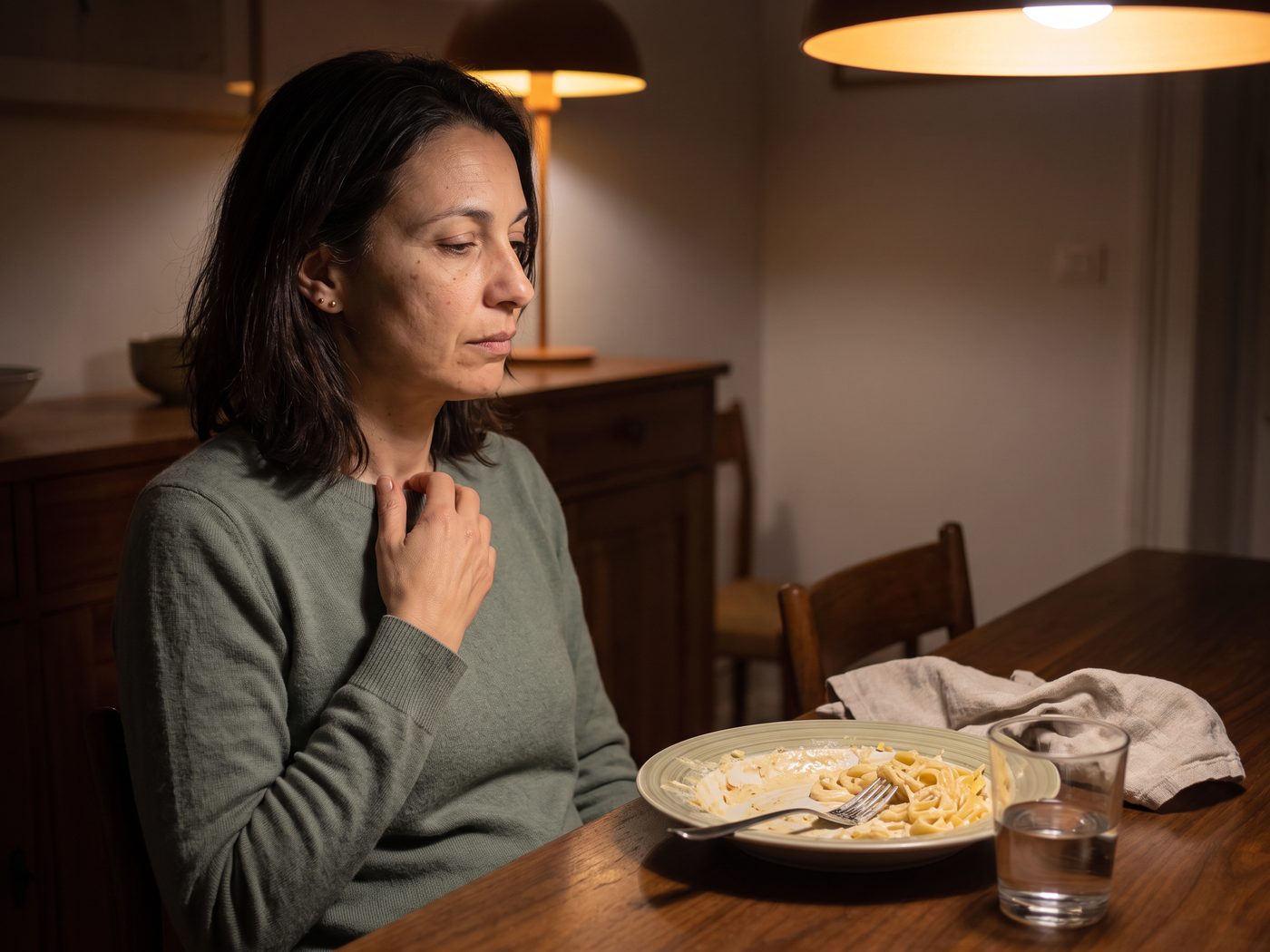 A woman pausing at the dinner table after a meal, fingertips resting on her chest
