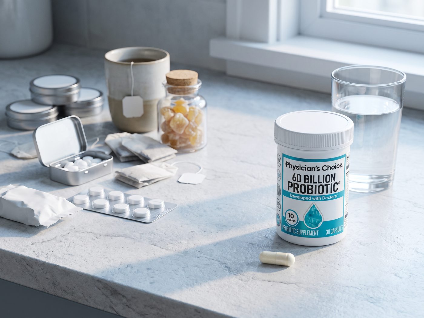 The Physician's Choice 60 Billion Probiotic jar with one capsule and a glass of water, set apart from a pile of teas, chews and mints