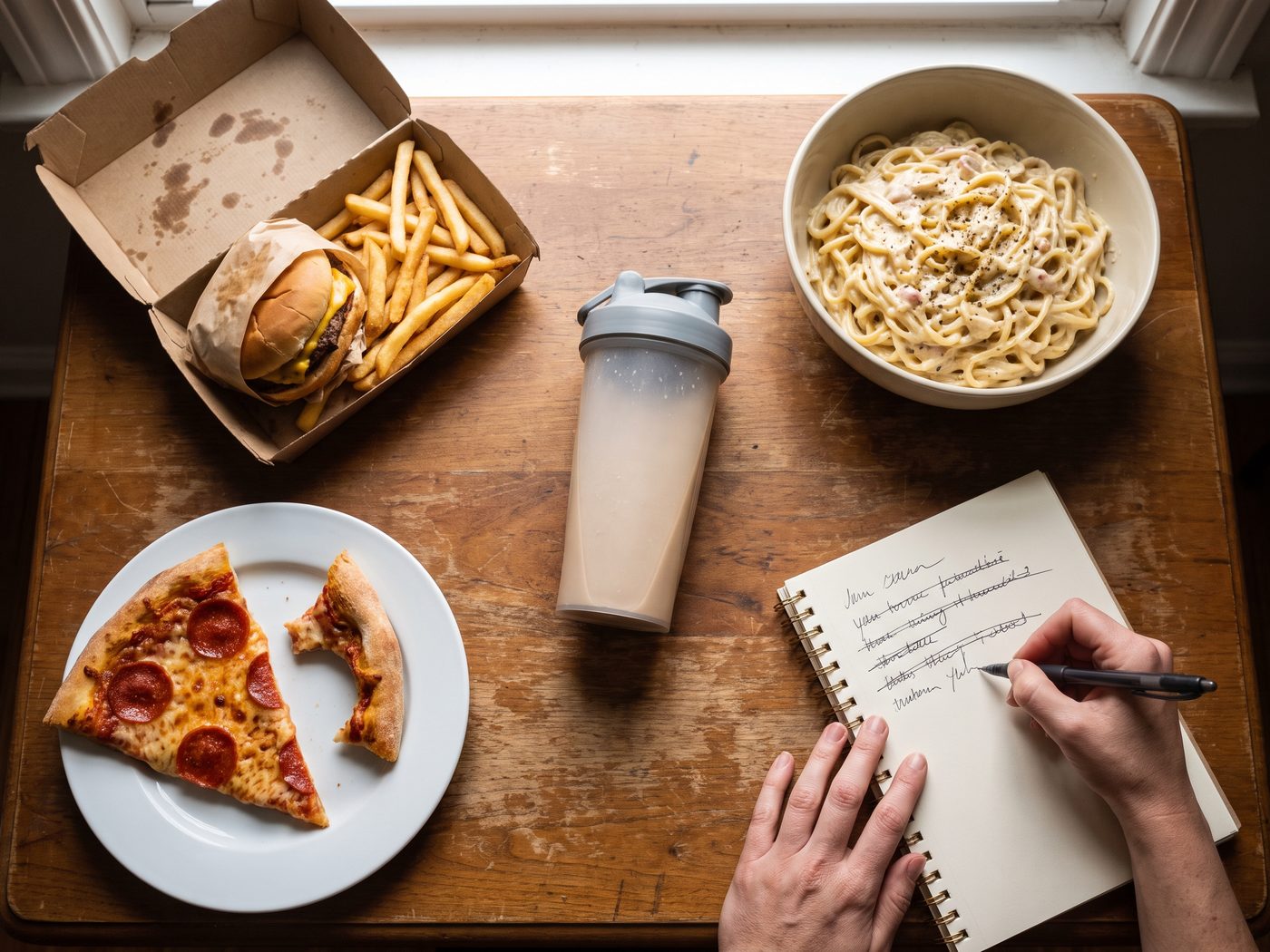 A burger, pasta, pizza and a protein shake on a table beside a notebook with foods crossed out