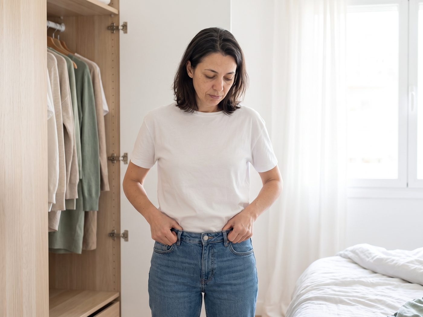 A woman by her wardrobe easing the waistband of her jeans