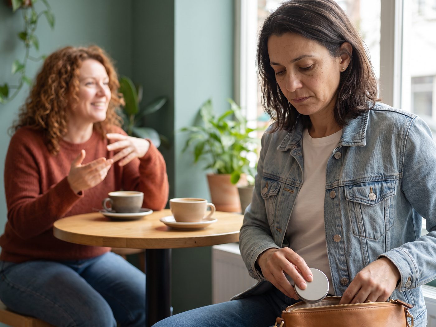 Two friends at a café table, one holding her fingertips to her lips while her friend leans in to talk