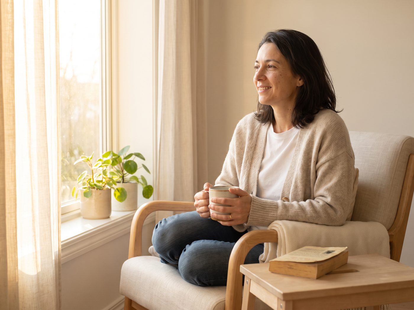 A woman relaxing in an armchair by a sunny window with a mug of tea