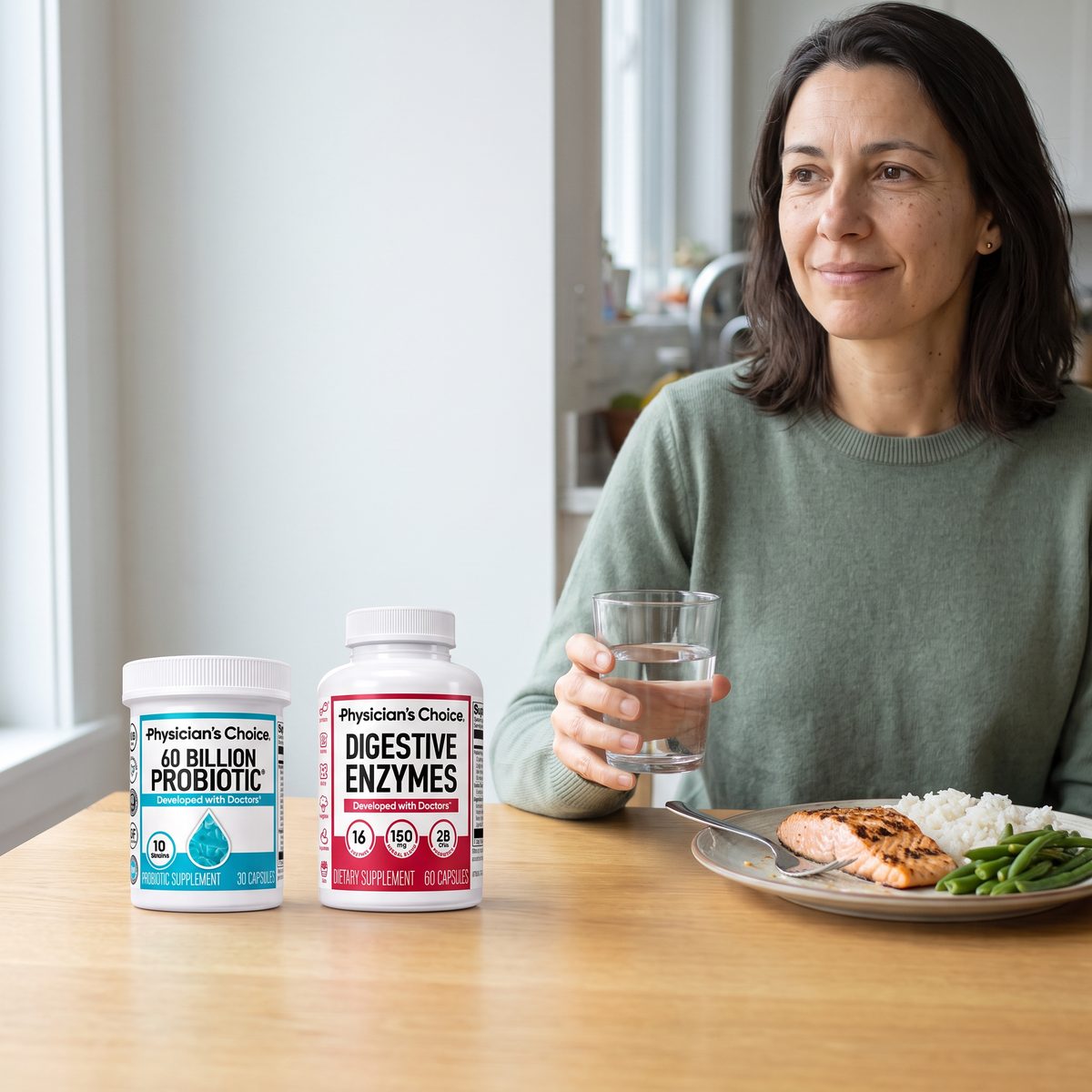 A woman at her kitchen table with dinner, a glass of water and the Physician's Choice 60 Billion Probiotic and Digestive Enzymes bottles