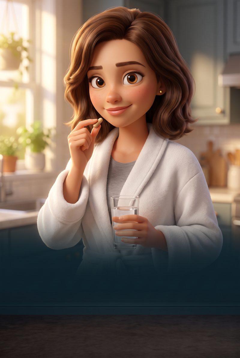The same animated woman in a sunny kitchen holding one capsule and a glass of water