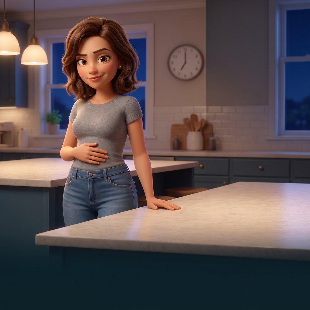 Animated woman in her kitchen at 7pm, jeans buttoned, smiling, next to Hack Your Tummy