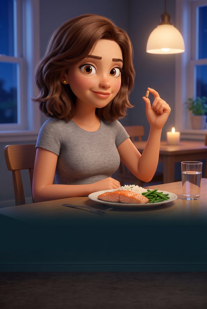 The same animated woman at dinner holding one capsule beside her plate