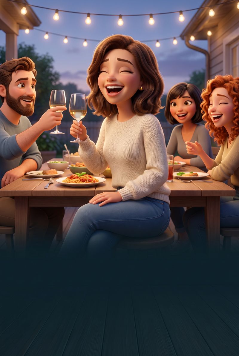 The same animated woman laughing at dinner with friends under string lights