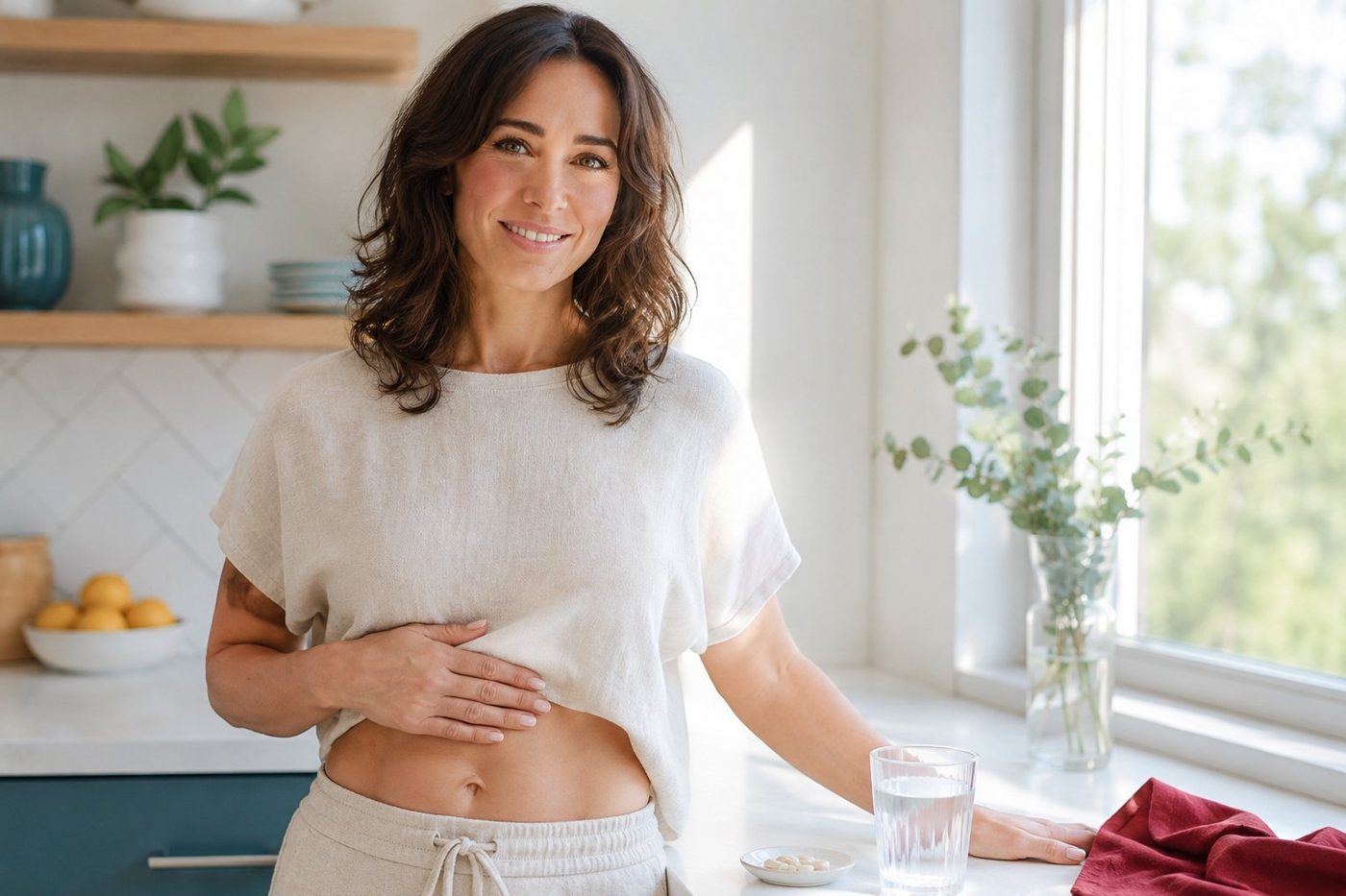 Woman standing comfortably in a bright kitchen, one hand resting on her stomach