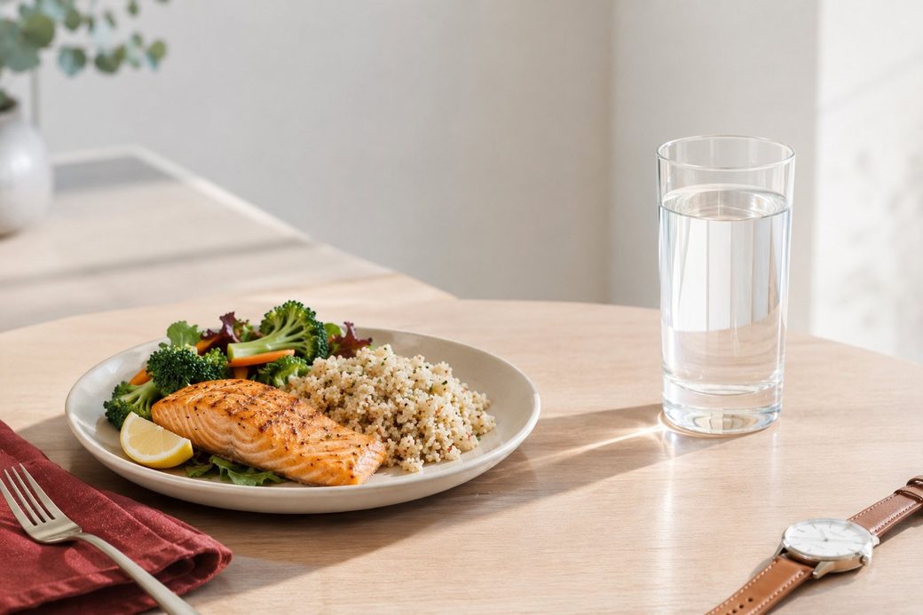 A glass of water beside a plate of food