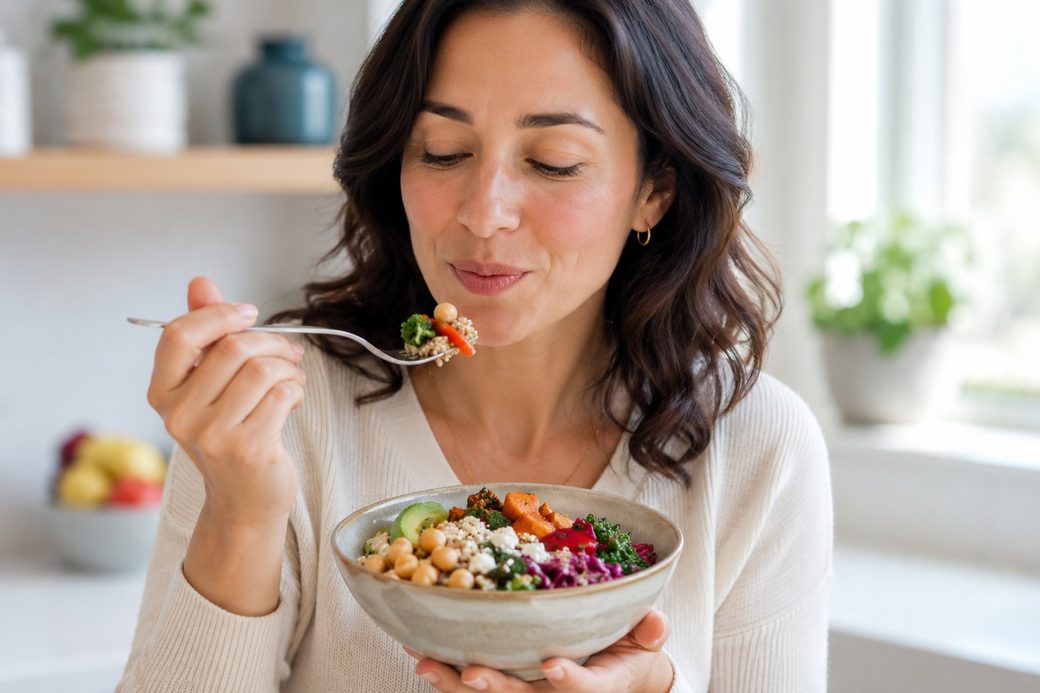 Person eating slowly and mindfully