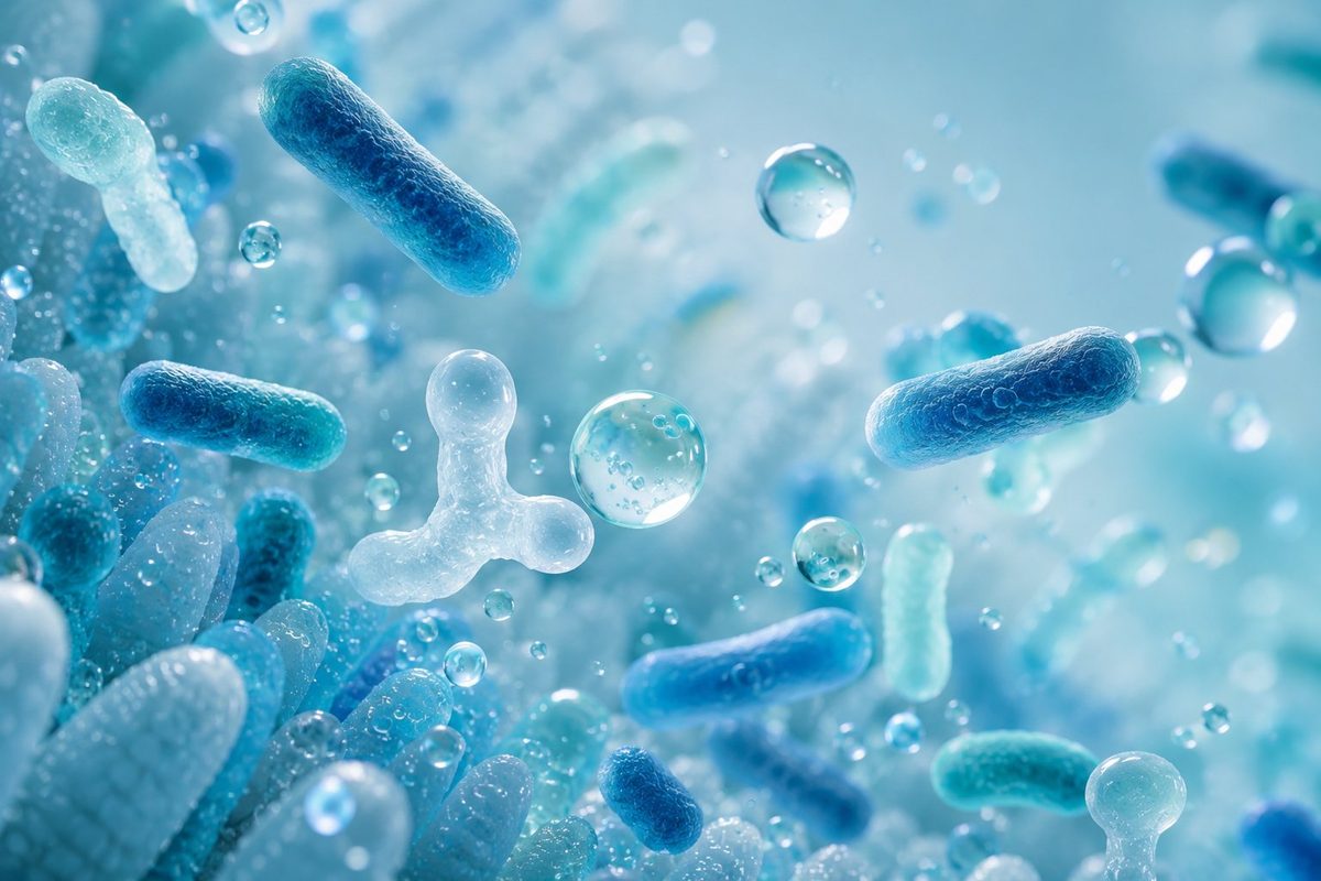 Diagram of enzymes breaking down food and bacteria maintaining the gut environment