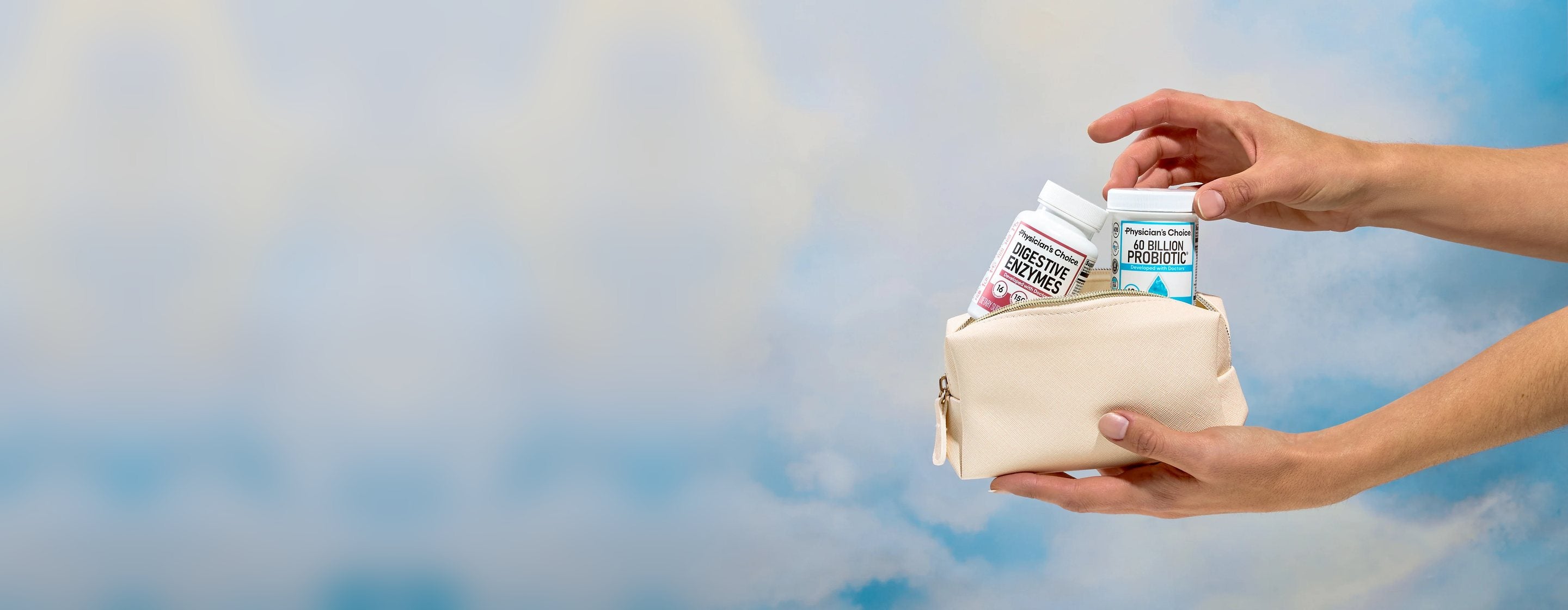 Hands packing the 60 Billion Probiotic and Digestive Enzymes into a pouch