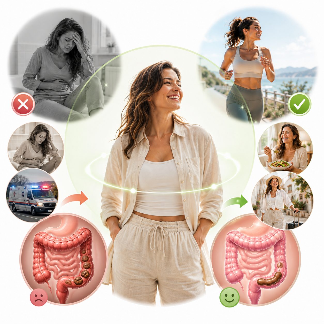 A woman standing confident and at ease, the gut illustrations behind her calm rather than inflamed