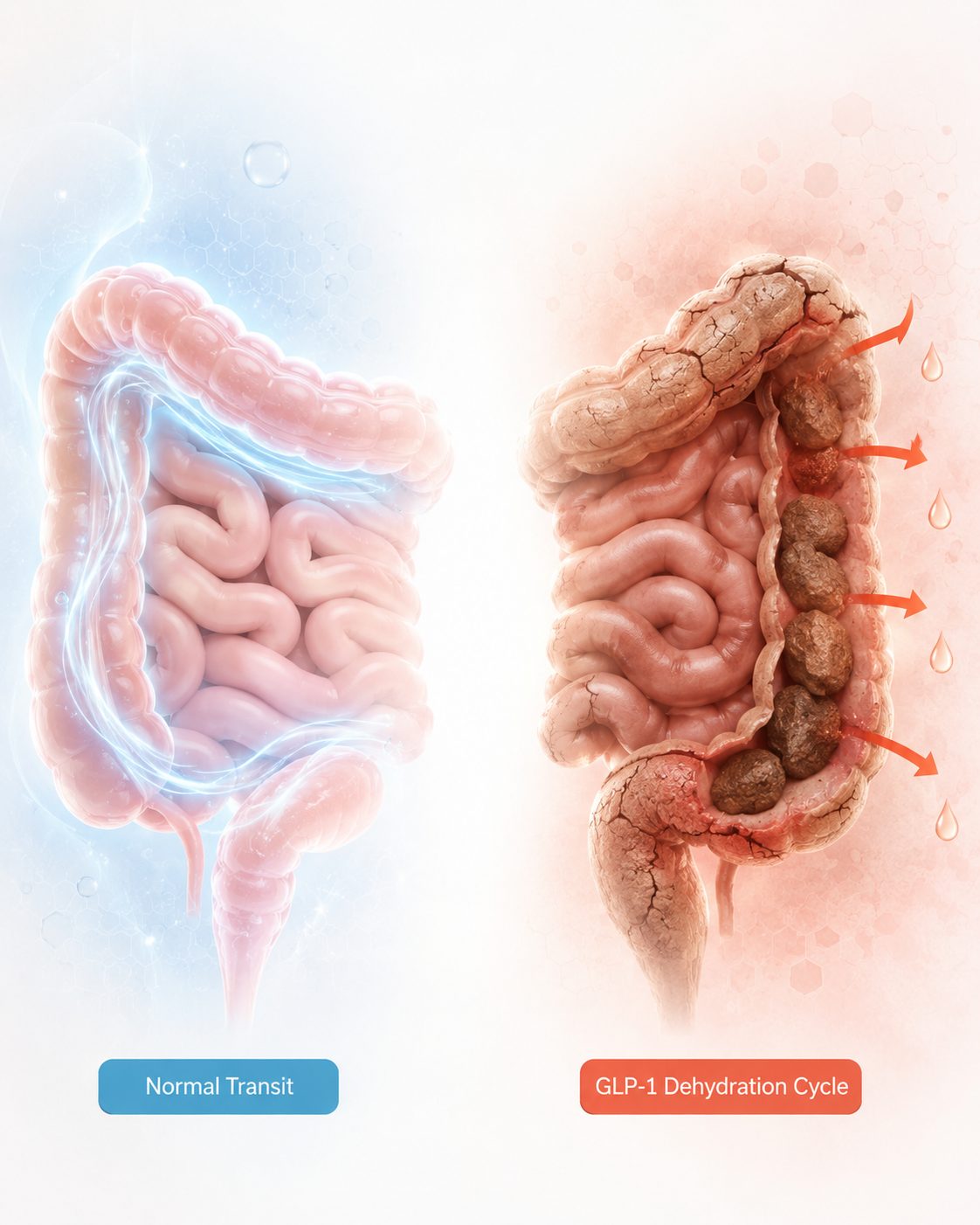 Two colons side by side, one on normal transit and one on the GLP-1 dehydration cycle with the stool drying out