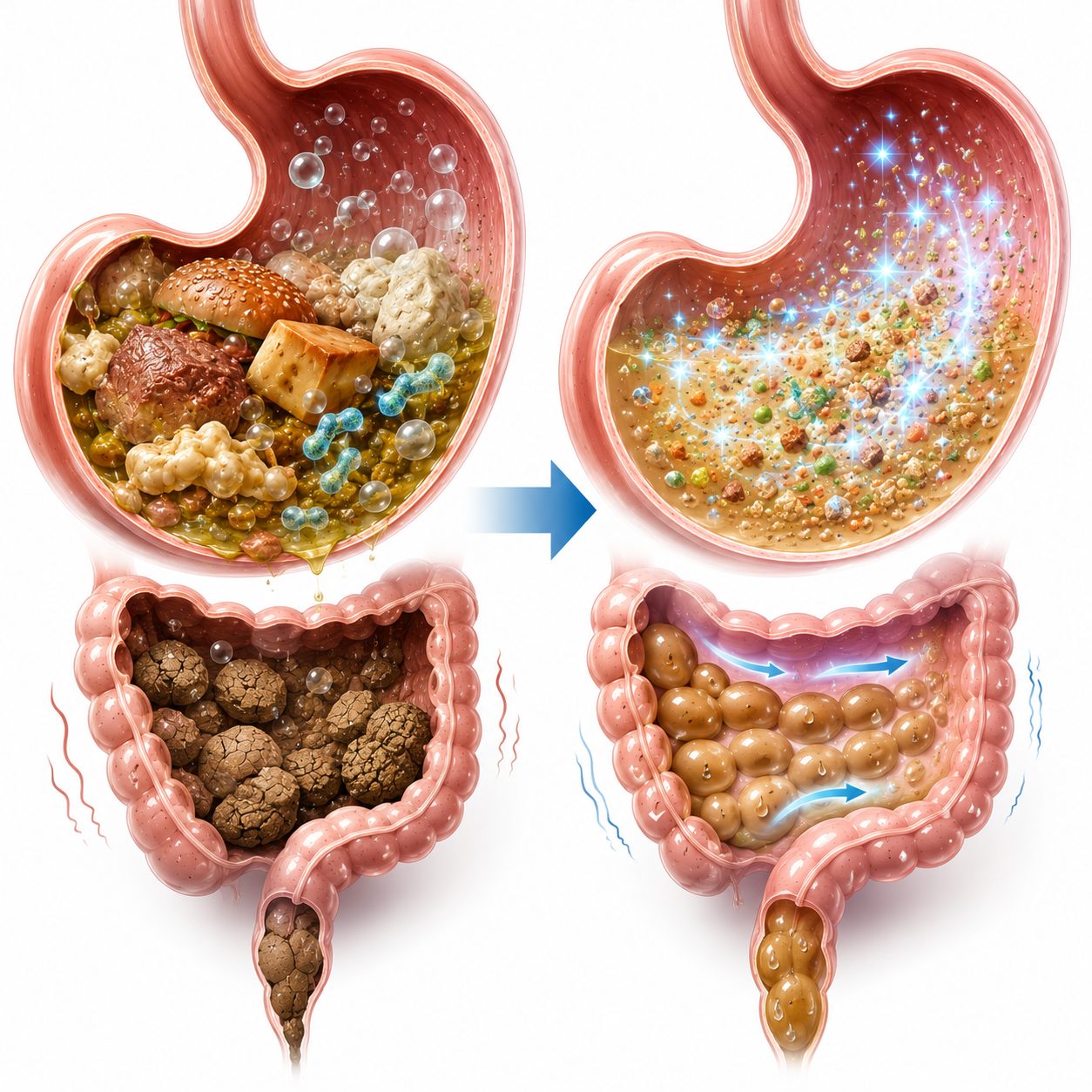A two column illustration: a meal breaking down in the stomach on one side and the colon moving softened stool on the other