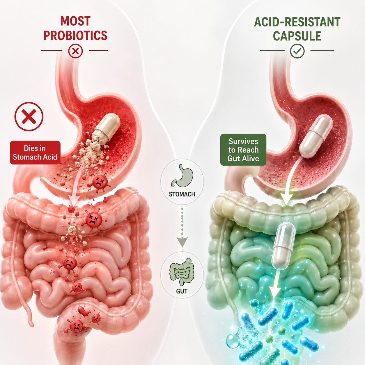 A side by side illustration: a standard capsule breaking apart in stomach acid with the bacteria dying, next to an acid resistant capsule that stays sealed through the stomach and releases live bacteria in the gut