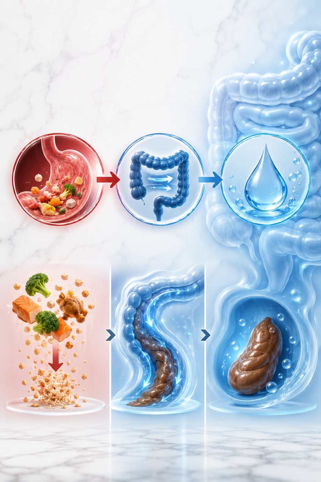 An illustration of a meal broken into small particles, then hydrated, then leaving as soft formed stool