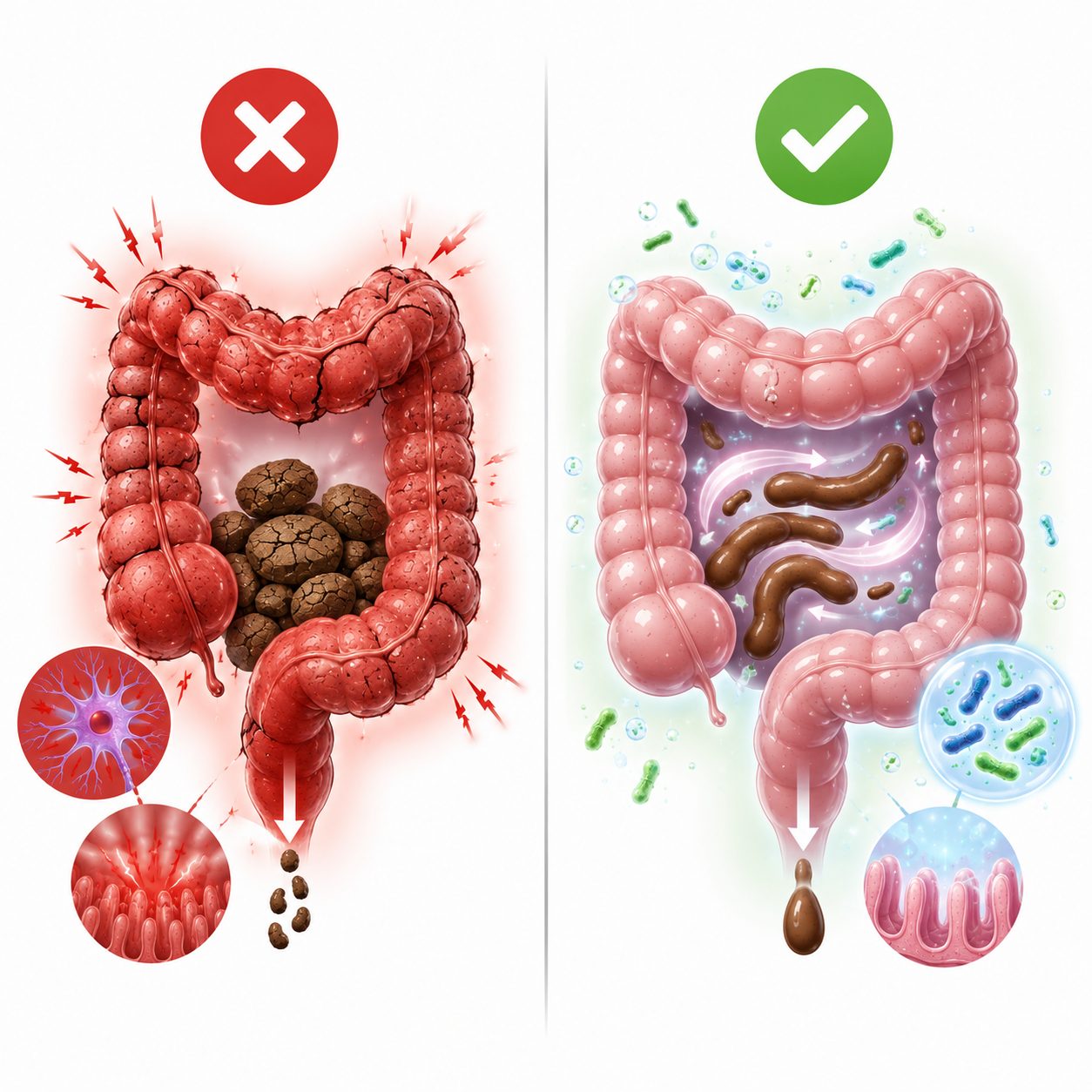 An irritated colon forced by a stimulant beside a calm colon supported by enzymes and probiotics