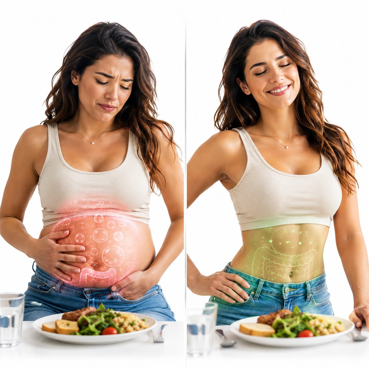 A woman bloated and uncomfortable after a meal beside the same woman comfortable after one