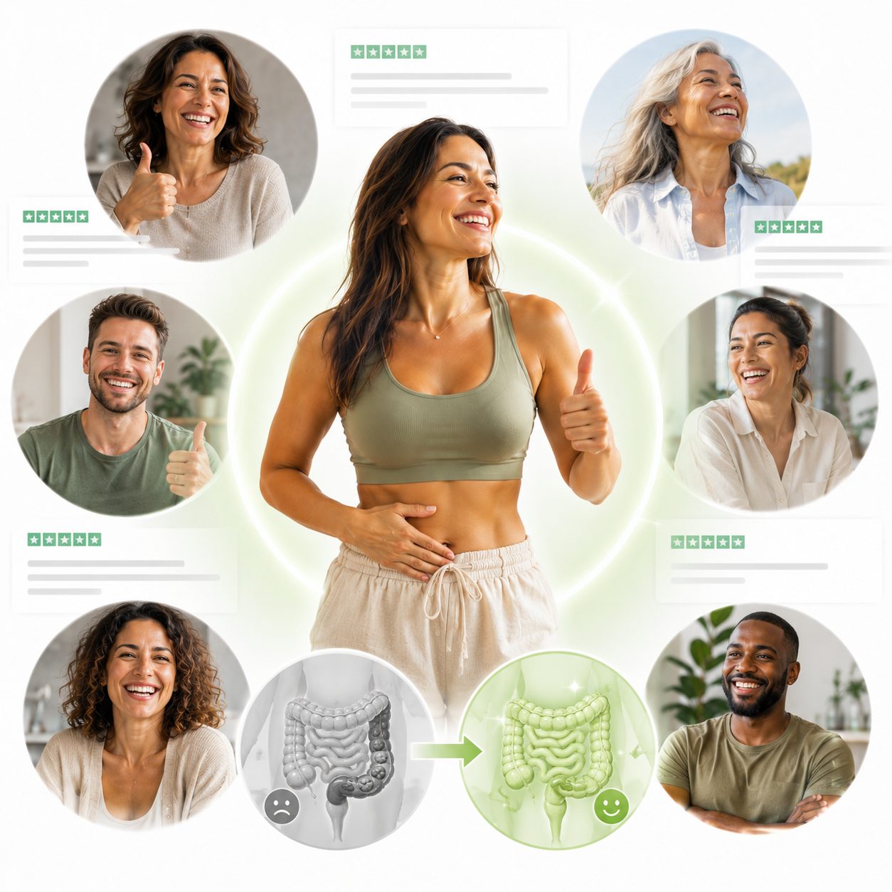 A collage of customers with star ratings, all of them on the same two capsule routine