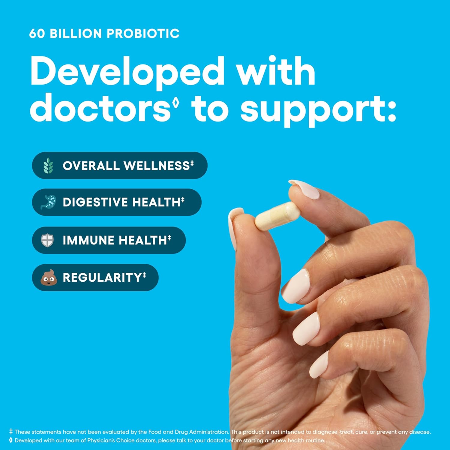 A single 60 Billion Probiotic capsule held between finger and thumb beside the claims it supports