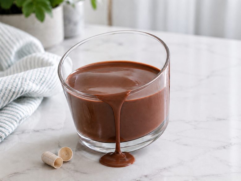 The same pudding pouring freely after the enzyme capsule was added