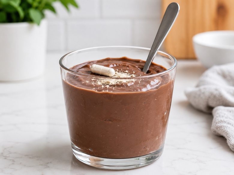 Thick pudding holding a spoon upright before an enzyme capsule is added