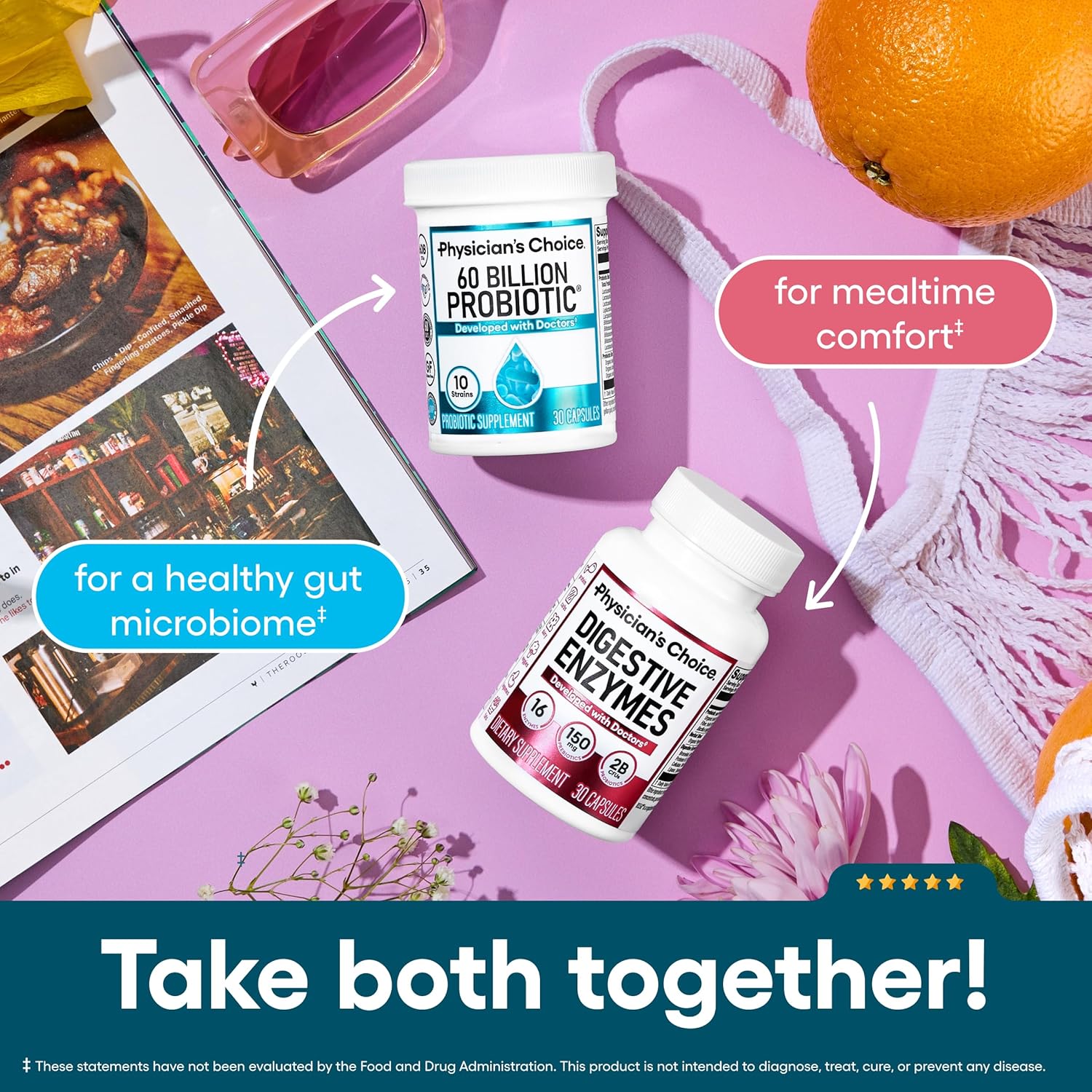 Physician's Choice 60 Billion Probiotic and Digestive Enzymes bottles side by side, captioned take both together