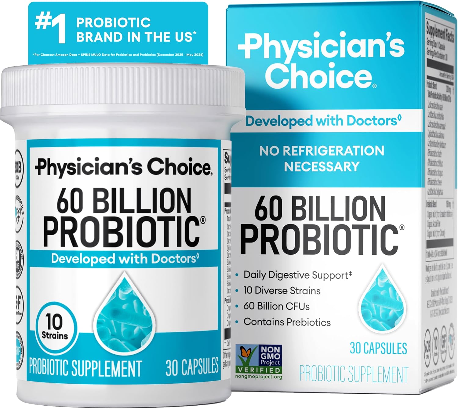 60 Billion Probiotic carton and bottle listing 10 diverse strains, 60 billion CFUs and no refrigeration necessary