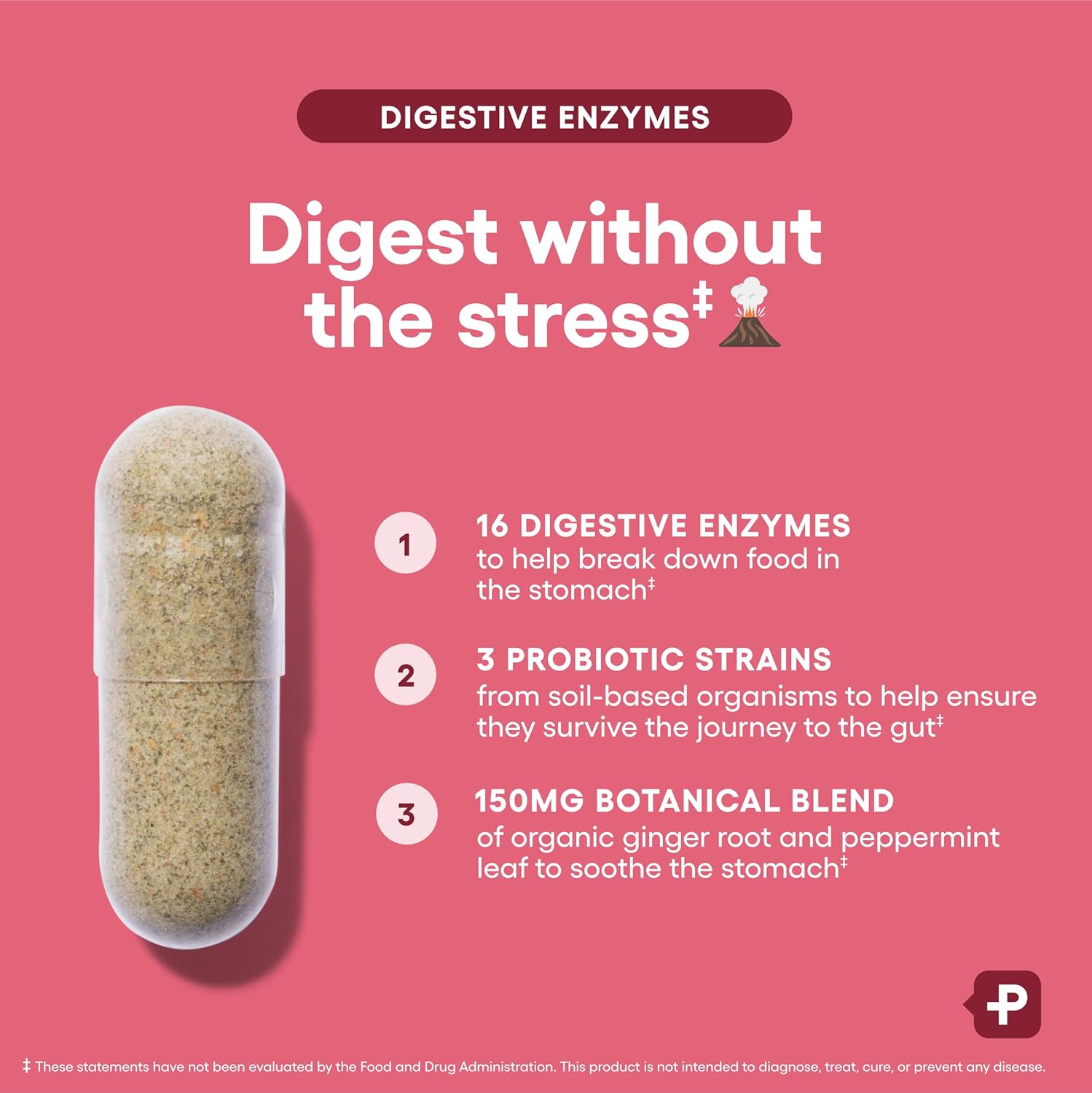 Digestive Enzymes plate listing 16 digestive enzymes, 3 probiotic strains and a 150mg botanical blend