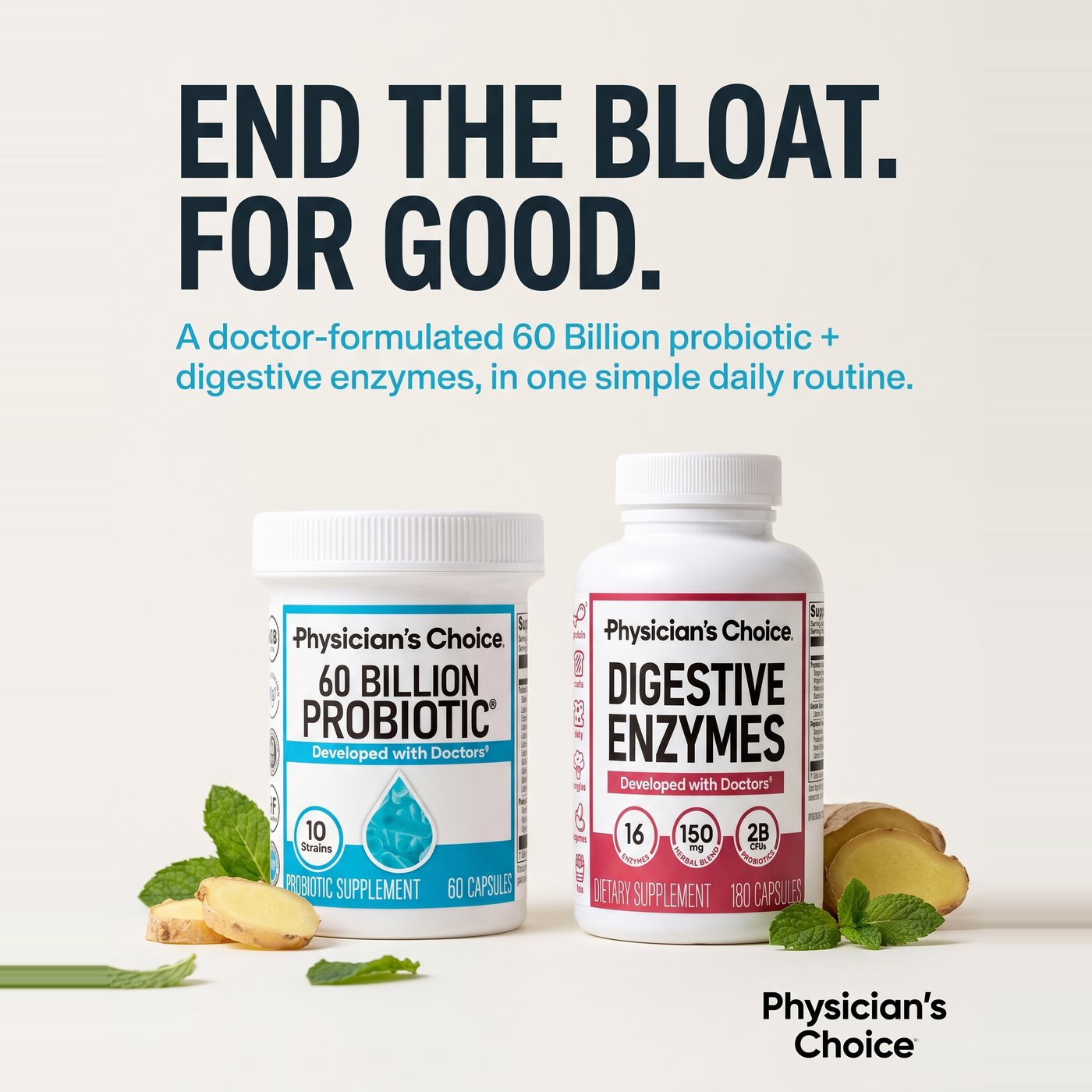 End the bloat for good: the 60 Billion Probiotic and Digestive Enzymes bottles with ginger and peppermint
