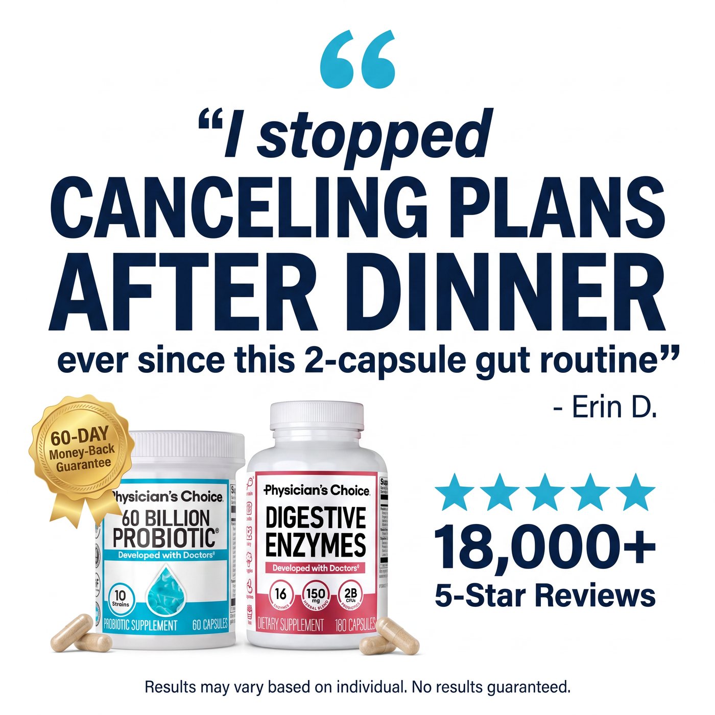 A customer quote about the two capsule routine, with both bottles and the 60 day money-back seal